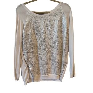 Metric Women White Silver Sequin Front Side Zip Scoop Neck Sweater XL